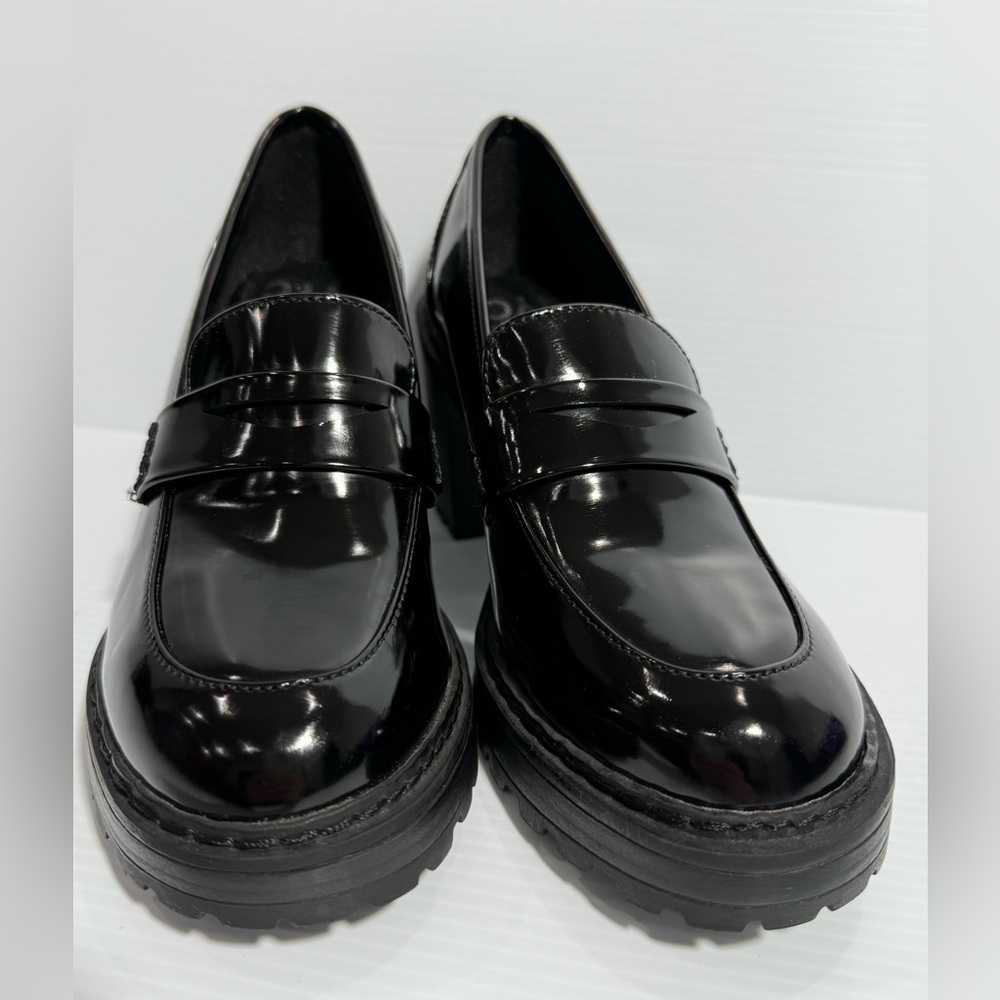Madden NYC Platform Shoes Sz 7  Black Combat Boot Heel Faux‎ Patent Leather
